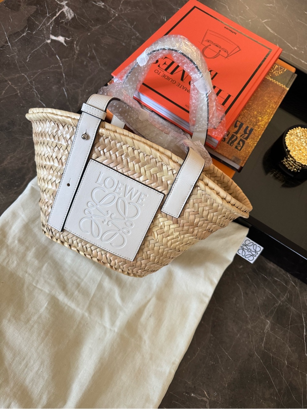 Loewe Natural Straw Tote with White Leather Trim